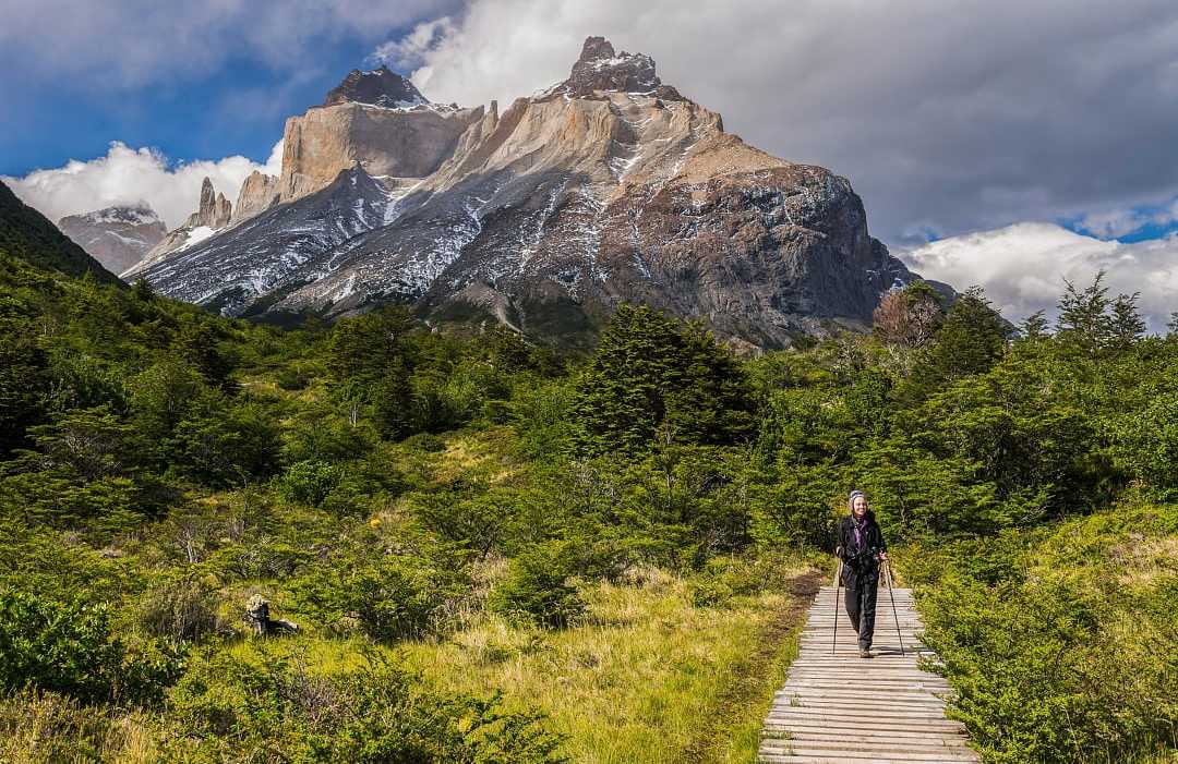 Torres del Paine National Park in Chilean Patagonia Woman hiking in Torres del Paine National Park, Chile