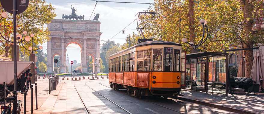 Tram with Arco della Pace in the background, Milan, Italy Tram with Arco della Pace in the background, Milan, Italy