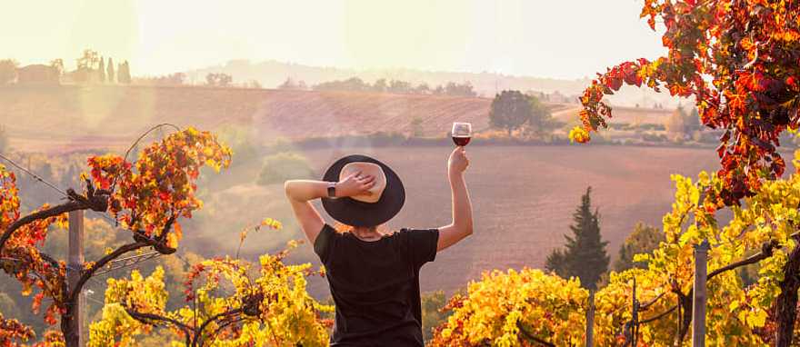 Tuscany, Italy Woman raising a glass of wine, enjoying the view at sunset in Tuscany