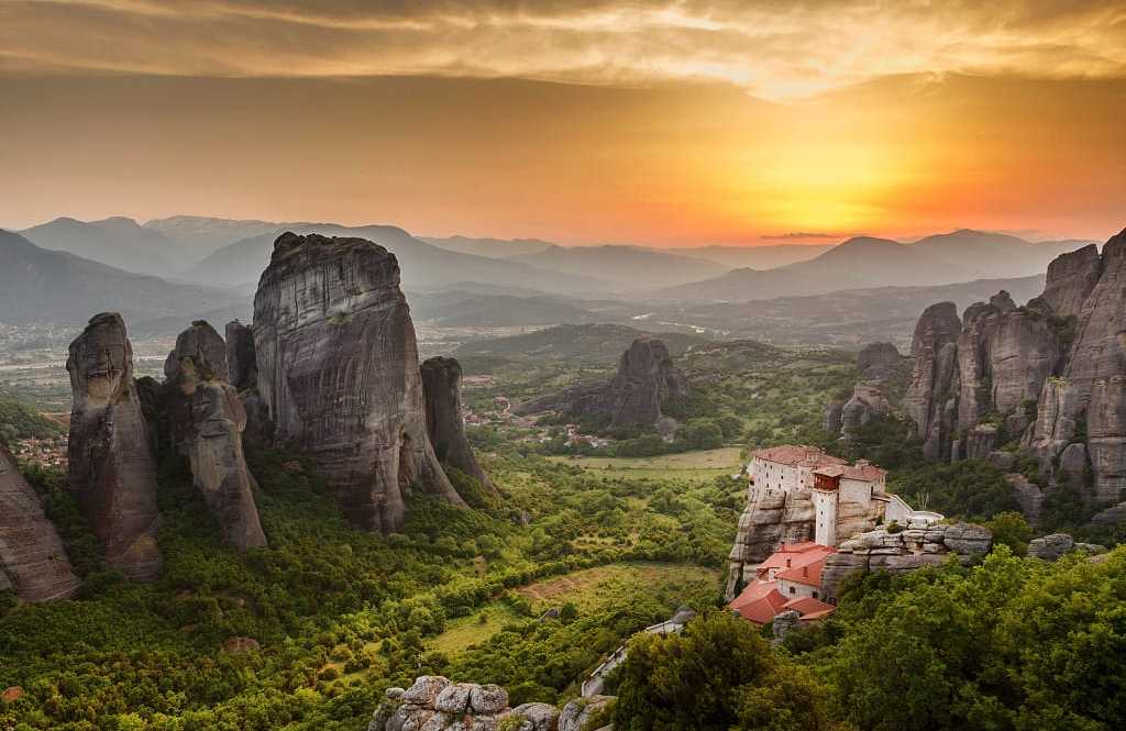 Meteora, Greece Monastery of Roussanou at sunset in Meteora, Greece