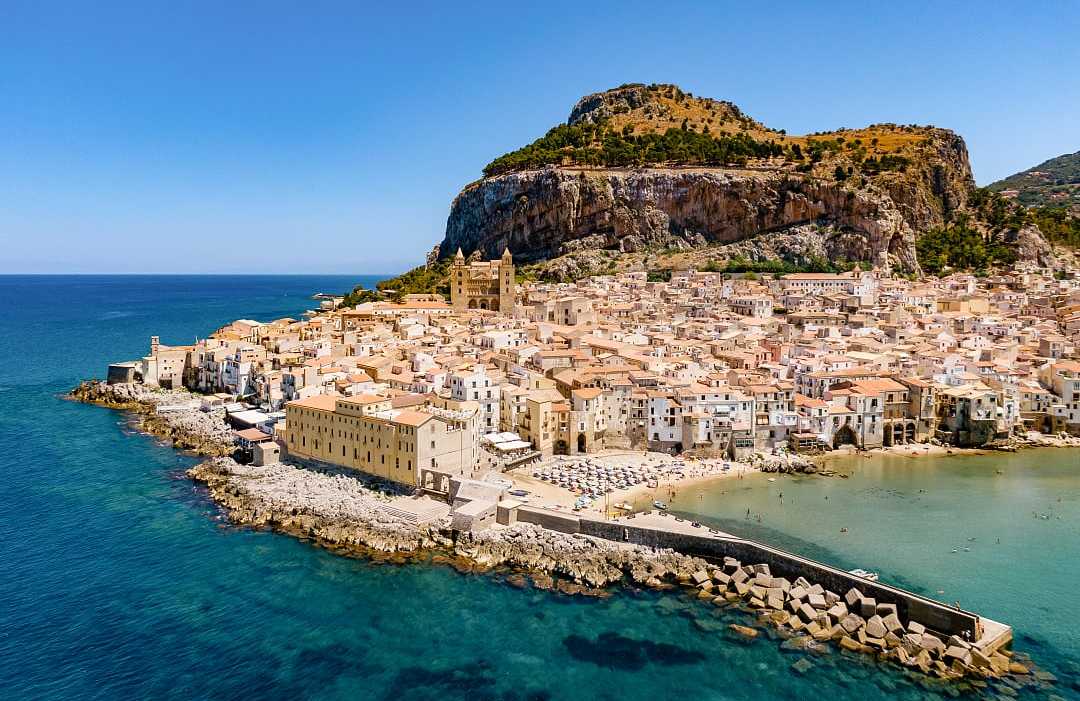 Cefalu on the Island of Sicily, Italy Aerial view of Cefalu, Sicily