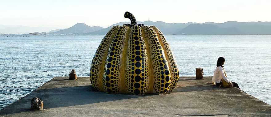 This yellow pumpkin sculpture, by Japanese artist Yayoi Kusama, located on the island of Naoshima, Japan. This yellow pumpkin sculpture, by Japanese artist Yayoi Kusama, located on the island of Naoshima, Japan.