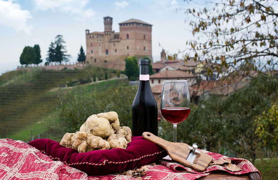 Piedmont, Italy White Pidemont truffles and glass of wine with castle in the background in Piedmont, Italy