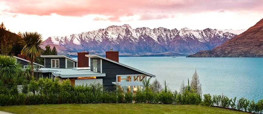 Photo courtesy Matakauri Lodge Matakauri Lodge on the shores of Lake Wakatipu with views of the Remarkables mountains in Queenstown, New Zealand