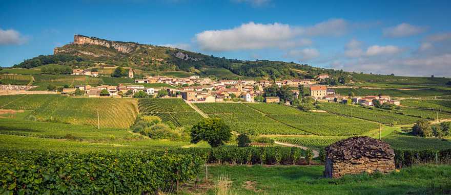 Solutré-Pouilly surrounded by vineyards with the Rock of Solutré in the background Solutré-Pouilly surrounded by vineyards with the Rock of Solutré in the background