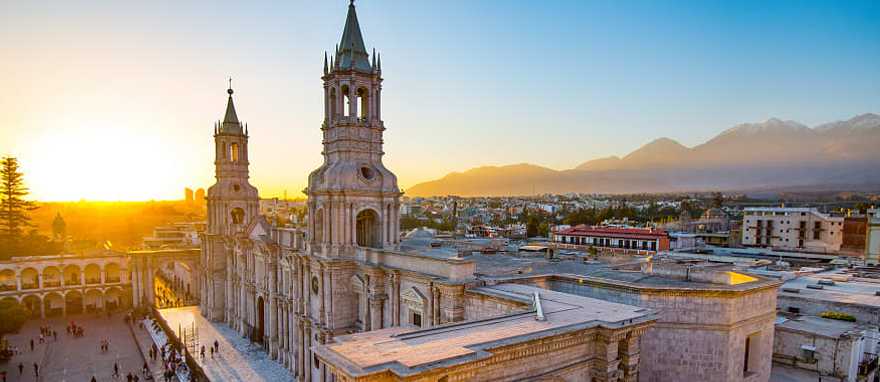 The Basilica Cathedral of Arequipa on sunset in Peru The Basilica Cathedral of Arequipa on sunset in Peru